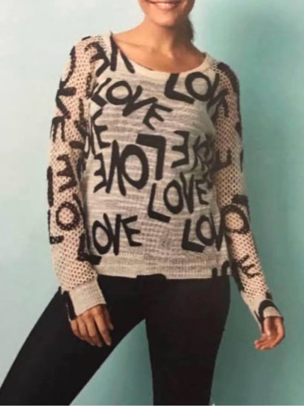 Parkhurst Cream and Black 'Love' Script Crewneck Sweater